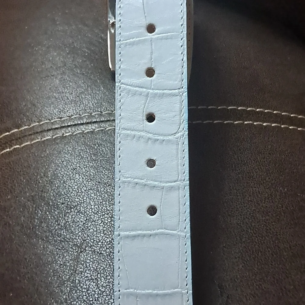 Berge Light Blue Animal Print Leather Belt with Silver Buckle Size L Wide